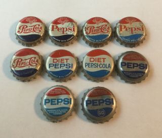 10 Vintage Pepsi Cola/pepsi Soda Bottle Caps 10 Diff.  Cork & Plastic Lined