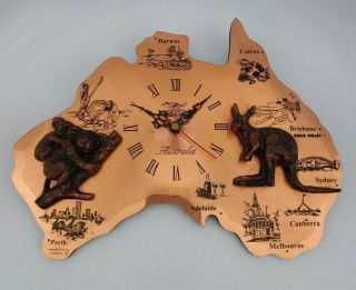 Vintage Australian Made Copper Brass Australia Wall Clock 3d Koala & Kangaroo