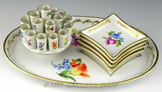 Antique Dresden Carl Thieme Porcelain Cigarette Holder & 4 Ashtrays Smoking Set