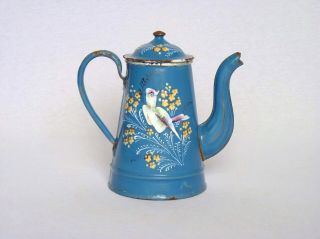 Antique French Enamelware Coffee Pot With Uncommon Bird Decors In Relief