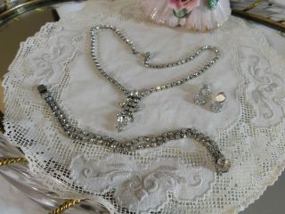 Vintage Clear Crystal Rhinestone Set,  Necklace,  Bracelet,  Pierced Earrings