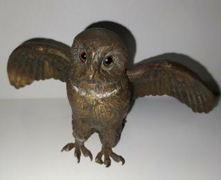 Antique 3 " Glass Eyed Bronze Sculpture Of An Owl Landing