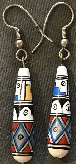 Vintage Native American Hand Painted Dangle Clay Hook Earrings