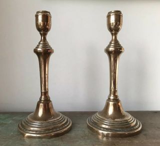 Unusual Pair Antique 18th Century Seamed Copper Bronze Alloy Candlesticks,  10.  5 "