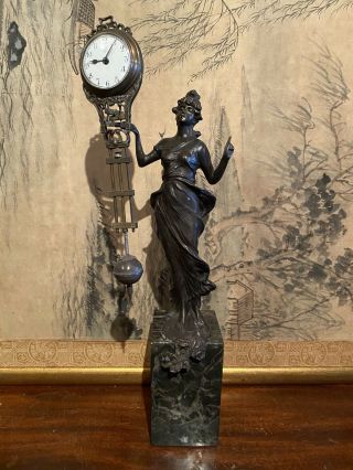 Bronze Diana Huntress Classical Figure Mystery Clock Novelty Clock Marble Base