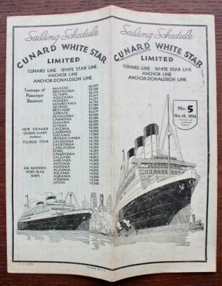 Cunard White Star Line Rms Olympic Majestic Berengaria Etc Sailing List For 1934