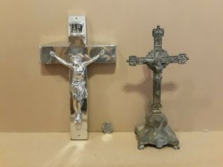 2 Vintage Inri Catholic Jesus Christ Cross Crucifix Wall Shelf Table Cast Metal