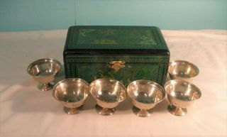 Set Of 6 Antique Chinese Sterling Silver Wine Cups In Case,  208 Grams