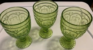 Set Of 3 Vintage Green Glass Water Or Wine Goblets - - Heavy Glass