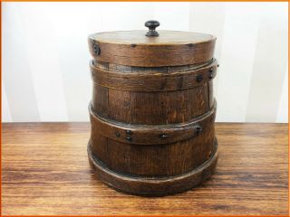 Antique Oak Coopered Firkin Flour Bin Lidded Vintage Wood Barrel Storage Large