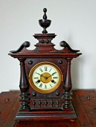 Antique Late 19th Century Hac Carved Oak Cased Mantel Clock (hamburg American)