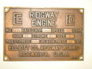 Vintage Antique Ridgway Steam Engine Builder Plate Tag Advertising Sign Brass