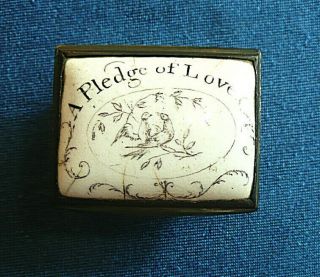 Antique Georgian C18th Bilston Enamel Patch Box,   A Pledge Of Love