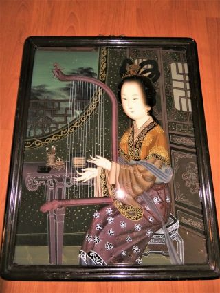 Antique Chinese Reverse Glass Painting Wood Frame Qing Lady Plays Phoenix Harp