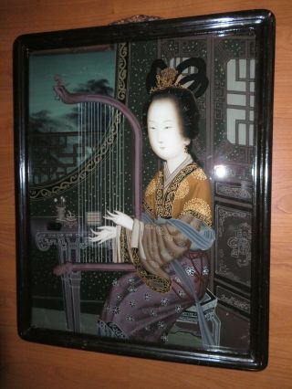 ANTIQUE CHINESE REVERSE GLASS PAINTING WOOD FRAME QING LADY PLAYS PHOENIX HARP 2