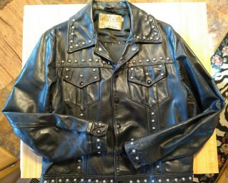 Vintage Schotts Bros Black Leather Jacket W/ Studs & Harley Davidson Patch Sz 44