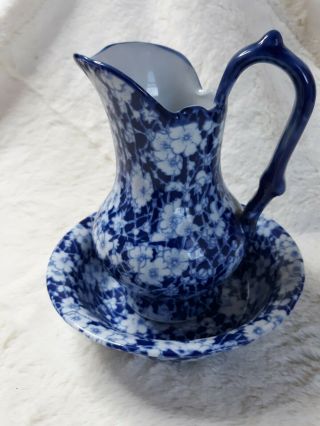 Vintage Victoria Ware Ironstone Calico Flow Blue Small Wash Bowl & Pitcher