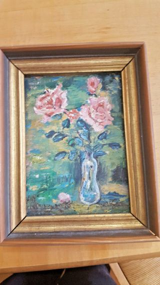 Lovely Vtg Small Oil Painting Roses Floral In Frame 5 3/4 X 7 1/2 "
