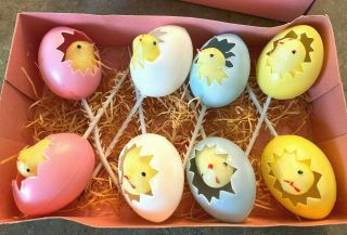 Vintage 8 Easter Chicks Hatching Eggs Plastic Flower Picks Capri