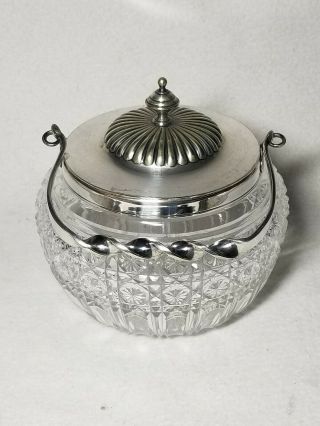 Antique English Silver Plate Cut Glass Crystal Biscuit Jar C.  1890