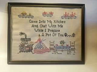 Vintage Completed Framed Cross Stitch On Linen Come In To My Kitchen Pot Of Tea