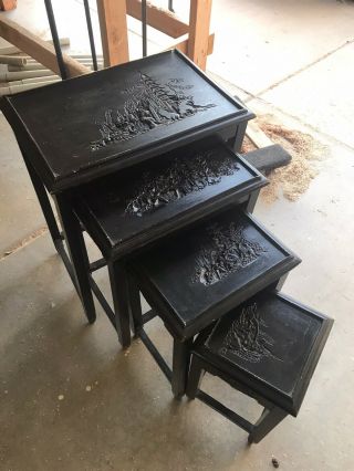 Vintage Antique Chinese Carved Wood Nesting Tables Black Lacquer Set Of 4