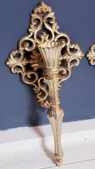 Set Of 2 Vintage Brass Filigree Wall Candle Holders Ornate Victorian 12 