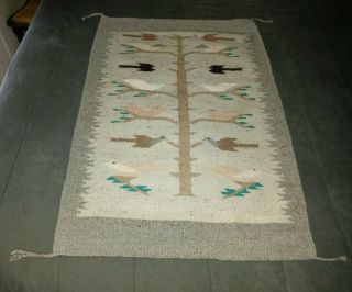 Vintage Mexican Tree Of Life/birds Woven Wool Rug Soft Colors