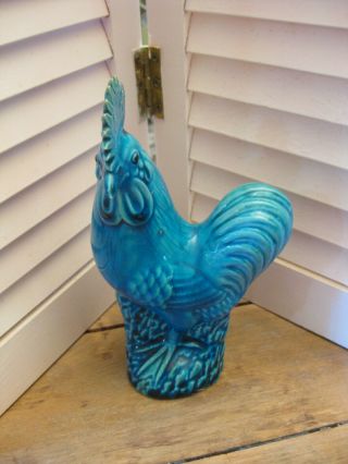 Vintage Mid Century Chinese Export Blue Porcelain Rooster Figurine 7 1/2 "