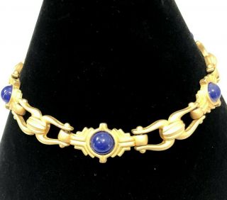 Vintage 80s Chunky Gold Tone Choker Necklace Blue Cabochon Link Chain 16 "