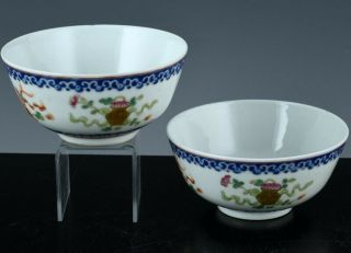 PAIR ANTIQUE CHINESE FAMILLE ROSE BLUE ENAMEL PRECIOUS OBJECTS BOWLS SEAL MARKS 3