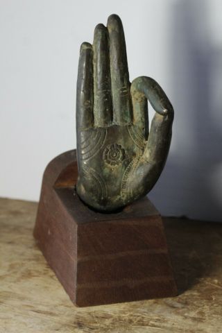Antique Asian Bronze Mudra Hand Fragment Sculpture Statue On Wood Base