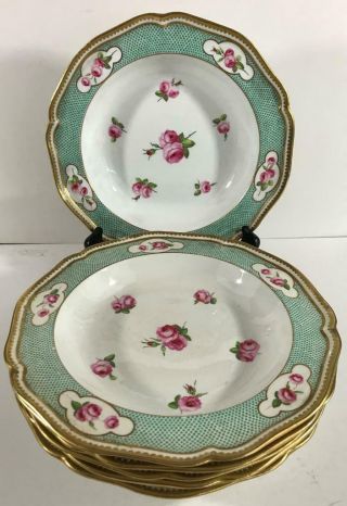 (6) Antique Derby Porcelain Soup Bowls With Pink Rose Pattern
