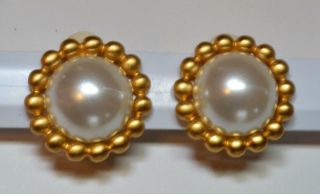 Vintage Anne Klein Goldtone Faux Pearl Round Shape Clip - On Earrings