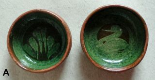 Vintage Mexican Patamban / Tlaquepaque Pottery – Two Small Bowls – Green & Black