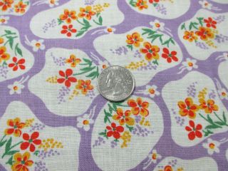 Vintage Partial Feedsack: Yellow,  Red,  Lavender,  & Green Flowers On Lavender