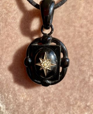Antique Victorian Whitby Jet Pearl Mourning Gold Locket Pendant C1880s