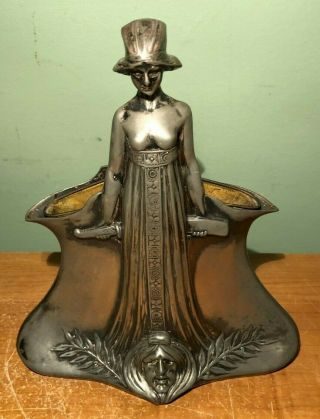 Antique Art Nouveau Jugendstil Pewter Figural Semi Nude Lady Vase W Brass Liner