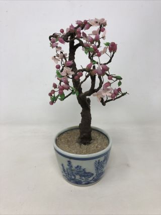 Vintage 8.  5” Bonsai Glass Cherry Blossom Flower Pink Jade Tree Made In Japan