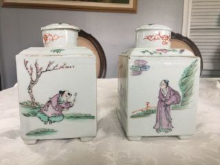 Hand - Painted Antique Chinese Porcelain Tea Jars With Lids 浅绛彩