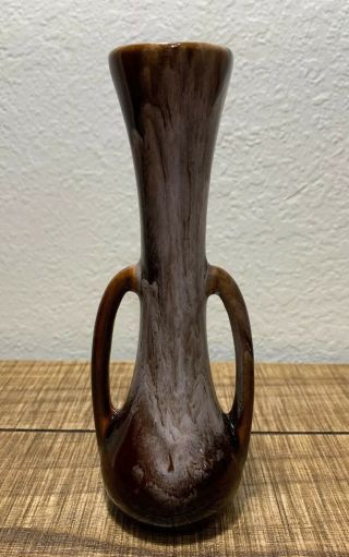 Vintage Mid Century Modern 7 1/4” Double Handled Brown Drip Glaze Bud Vase.  Euc