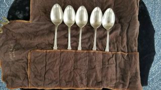 5 Antique Tiffany & Co Sterling Silver Beekman Teaspoons In Tiffany Roll Up Bag