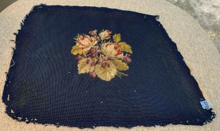 Vintage Finished Solid Needlepoint Flowers On Dark Blue Picture Chair Cover 5