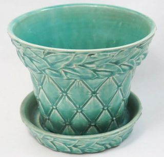 Vintage 5 " X 6 " Mccoy Usa Green Diamond Quilted & Leaf Flower Pot W Saucer Exc