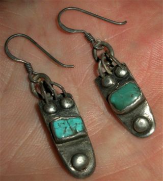 Antique C.  1920s Navajo Ingot Coin Silver Turquoise Earrings Vafo