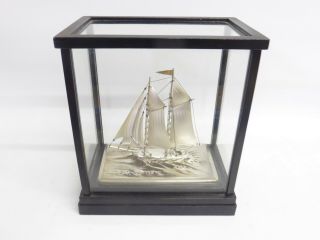 Japanese Solid Silver Model Of A Sailing Yacht And Display Case