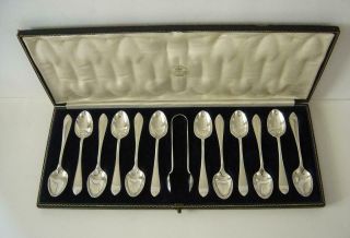 Cased Set Of 12 Antique Sterling Silver Spoons & Tongs Sheffield 1911 - 13 170 Gms
