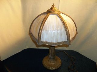 Antique 6 Panel Curved Caramel Slag Glass Double Light Table Lamp W/ Bellflowers
