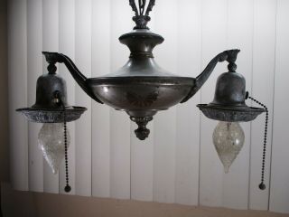 Antique Ornate Brass Hanging Ceiling Two Light Chandelier W/ Silver Wash 1930 