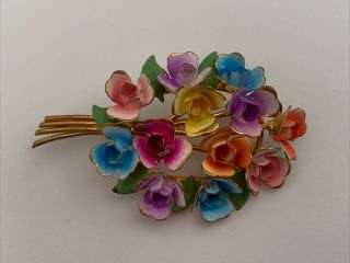 Vintage Signed Austria Bright Multi Colored Enamel Flower Cluster Brooch
